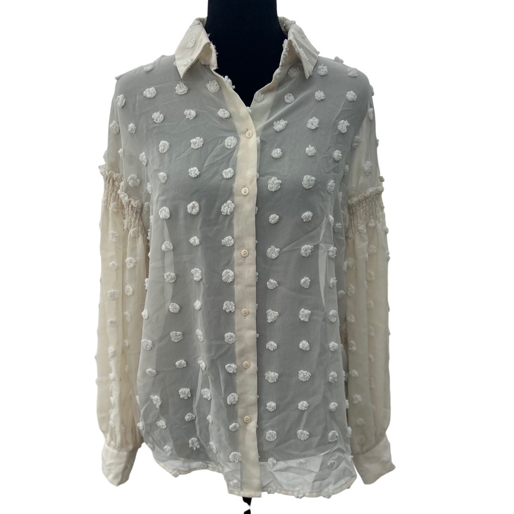 Zara Sheer Swiss Dot Smocked Balloon Sleeve Blouse Cream Ivory Small
